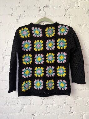 Vintage SAKS FIFTH AVENUE Black, Yellow & Pink Wool Granny-Square Sweater